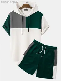 Men's Tracksuits CharmkpR Handsome New Men Knitting Color Block Patchwork Sets Casual Male Loose Short Sleeve Hooded Shorts Two-piece Sets S-2XL W0328