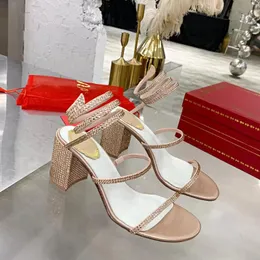 Marki Summer Luxury Renescaovillas Cleo Sandals Buty Nappa satynowe blok średniej wielkości Kryształowe spiralne okłady gladiator sandalias ślub, impreza, sukienka, wieczór