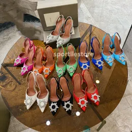 Amina Muaddi Dress Shoes Sandals Satin Slingbacks Bowtie Pumps Crystal-Sunflower High Heeled Shoe 10cm Women 's Luxury Designer Party Wedding Shoes T0X1