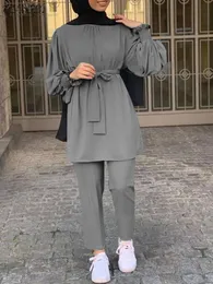 Ethnic Clothing ZANZEA 2PCS Women Long Sleeve Blouse Pants Sets Elegant Casual Dubai Outfits Islamic Clothes Solid Urban Tracksuit Muslim Sets 230328