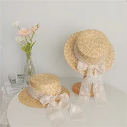 Caps Chapéus Lace Sweet Lace Bow Wheat Straw Hat For Girls Princess Brim Top Holiday Holiday Praia Sunshat Summer Fashion Cap Acessórios 230328