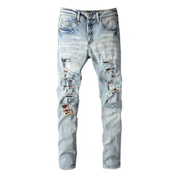 Men's Pants Light Blue Distressed Slim Fit Streetwear Style Yellow Bandanna Patchwork Skinny Stretch Holes High Street Ripped Jeans 230328