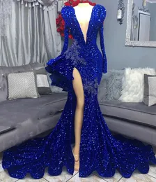 ASO EBI Royal Arabic Blue Prom Dress in perline Crystals Mermaid Evening Formale Secondo Ricevuto Giorni di compleanno Gwons Dresses Robe de Soiree Zj es es