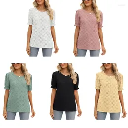 Women's Blouses Womens Summer Ruffle Puff Short Sleeve Crewneck T-Shirts Hollow-Out Floral Jacquard Solid Color Loose Tunic Tops