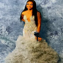 2023 아랍어 ASO EBI Silver Mermaid Prom Dresses Beaded Crystals 저녁 공식 파티 두 번째 리셉션 생일 약혼 가운 드레스 Robe de Soiree