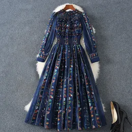 2023 Summer Blue Flag Print Panelled Tulle Dress Long Sleeve Round Neck Midi Casual Dresses M3M25B755