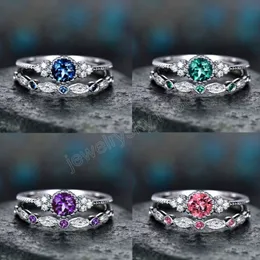 2Pcs/Set Classic Silver Plated Ring Green Blue Round Cut Created Birthstone Delicate Slim Ring For Women Bride Wedding Jewlery