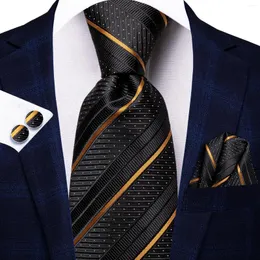 Laço amarra a gravata de casamento de seda listrada de ouro preto para homens Presente masculino Handky Handky Set.