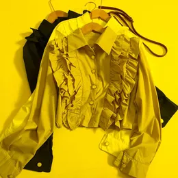 Chemisiers pour femmes Chemises Hikigawa Chic Mode Femmes Tops Automne Doux Élégant À Volants À Manches Longues Taille Mince Casual Vintage Solide Crop Top