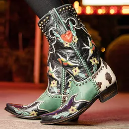 Botas BONJOMARISA Western Cowboy Mujer Botas Cowgirl Botas a media pantorrilla Corazón Retro Bordado Slip On Chunky Casual Primavera Zapatos Mujer 230328