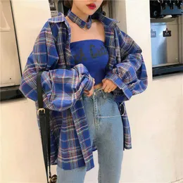 Damenblusen Zoki Plaid Shirts Frauen Langarm Oversize Lose Vintage Bluse Korean All Match Student Tops Haruku Button Kleidung Y2303