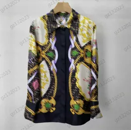 Tasarımcı bluzlar altın zincir figür baskı yaka uzun kollu gömlek ağır ağırlık ipek kumaş hafif nefes alabilen joker bluz kadın gömlek moda 1970