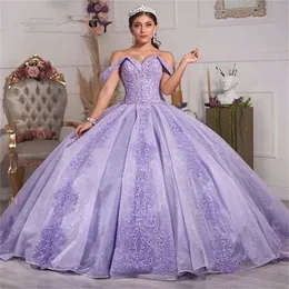 Vestido de bola da princesa roxa elegante e elegante vestidos quinceanera, inchado de aplicação de ombro doce 15 16 vestidos de baile vestidos de concurso vestidos de