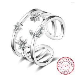 Küme halkaları gerçek saf 925 sterling gümüş kristal ay yıldız çift katman kadın bayanlar ifadesi takı düğün parmak yüzüğü