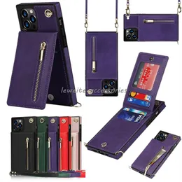 Leder -Brieftaschen -Telefonhüllen mit Crossbody -Ketten -Kreditkartenhalter Slot Reißverschlusspocket -Geldbörse Armband Hülle für iPhone 14 13 11 12 Pro Max xs xr x 6 7 8 plus Samsung