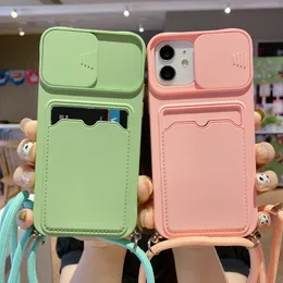 Lyxfodral Ins Candy Silicone Card Holder Wallet Lanyard Telefonfodral för iPhone 13 Pro Max 14 iPhone 14plus crossbody rem mjuk täckning