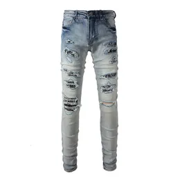 Herrbyxor män ljusblå steetwear stil bandana ribbor lapptäcke mager stretch hål smala passform high street nödställda rippade jeans 230328