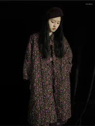 Casacos de trincheira feminina johnature Original Chinese Style Corduroy Cotton Clothing 2023 Mulher Spring Retro Printing Vintage