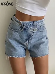 Kvinnors shorts aproms vintage tassel blå denim shorts kvinnor avslappnad hög midja botten sommar streetwear mode fasta färg jeans shorts 230328