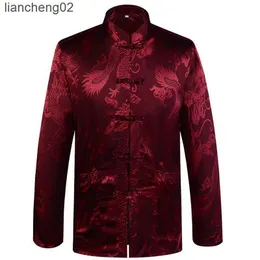 Men's Casual Shirts Chinese Traditional Men's Satin Mandarin Collar Dragon Silk Tang Suit Clothing Kung Fu Jacket Coat W0328