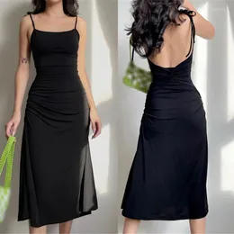 Vestidos casuais Mulheres Vintage Square Strappy Pleated Backless Slim Fit A-Line Midi Dress 10cd