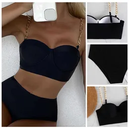 Бикини, установленные 2PCS/SET Sexy Women Women Split Bikini Solid Color Off Metal Metal Metal Chain Bess Black Регулируемые выпуски для выпуски для пляжной одежды P230328