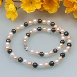Chains Fashion 8-9mm Natural Genuine Round Freshwater White Black Pearl Necklace 17"