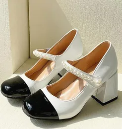 Fashion Women Shoes Square Toe Mary Janes Heel Black White Dress Pearl Buckle Pumps High Heels P466504843