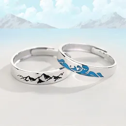 Wedding Rings Fashion Couple For Lovers Jewelry Accessories Statement Silver-Color Mountain And Sea Pattern Open BandWedding