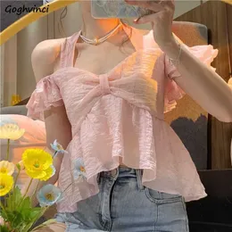 Women's Blouses Shirts Cropped Shirts Women Summer Sweet Backless Trendy Solid Tender Slash Neck Sexy French Style Leisure All-match Classic Cute Chic Y2303