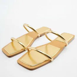 Slippers TRAF Luxury Flats Sandals Summer Women 2022 Fashion Open Toe Beach Sandal Gold Flat Slippers Woman Comfort Flat Shoes Plus Size Z0328