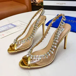 Aquazzura Rhinestones Crystal Hyaline Pvc Slides Slippers Sandals Stiletto Heel Women's Designers Leather Outsole Evening Shoes 105Mm