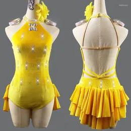 Vestido de dança latina de pica -papo Salsa Pólo Amarelo Velvet Leotard Skate Ice Concorrência Profissional Trajes BL4121