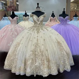 Champagne gold Off Shoulder princess Quinceanera Dresses Beaded Appliques lace-up prom Sweet 16 Vestidos De 15 Anos Robe De Bal