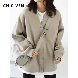 Womens hoodies tröjor Chic Ven Korea Musim Gugur Dingin Mantel Olahraga Wanita Kaus Vneck Longgar Kasual untuk Atasan Hangat Tebal Kantor Perempuan 230328