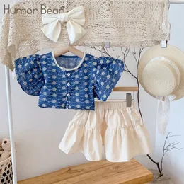 Kläder sätter humor Bear Girls Set Summer Fashion Ruffle Sleeve Flower Shirt kjol kläder 2st Toddler Kids Clothes 37y 230327