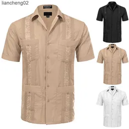 남자의 캐주얼 셔츠 남자 셔츠 주머니 빈티지 민족 레트로 짧은 슬리브 면화 폴리 에스테르 버튼 흰색 남성 셔츠 카미사 de hombre w0328