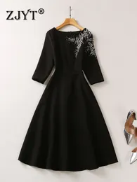 Casual Dresses Zjyt Luxury Diamonds Black Party Dress Women Elegant Designer Three Quarter Sleeve Aline Casual Vestidos Spring Fashion 230327
