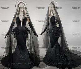 Party Dresses Black Gothic Mermaid Pagan Wedding Sweetheart Peplum Beaded Stain Laceup Corset Trumpet Brudklänningar plus storlek 230328