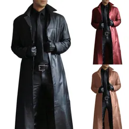 Skórzany faux płaszcz męski Vintage Brytyjski styl wiatrówek Przystojny stały kolor Slimfit Overcoat Long Jacket Plussize Otwear 230328