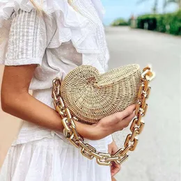 Frauen Tasche Luxus Designer Handtasche Shell Metall Kette Manuelle Woven Strang Tasche Nähen Bambus Tasche Clutch Bali Strand Urlaub Handtasche 230328