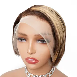 Pixie klippt kort stil rak 13x4 hd spets frontal mänsklig hår peruk för kvinnor brun blond färgad peruk för plukted hårfäste