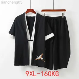 Męskie dresy męskie odzież męska Duża rozmiar dresu 8xl 9xl Linen krótka koszulka letnia garnitur w rozmiarze Plus Size Suit 5xl bawełny mąż mąż W0329