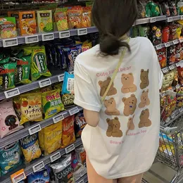 Kvinnors T-skjortor koreanska mode kawaii tecknad tryck bomullskvinna t-shirt söt björn grafisk baggy kort ärm toppar par blusar