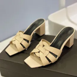 Tribute vävda mule häl tofflor sandaler slides chunky blockklacked öppen tå skor dam lyx designer läder yttersula patry kvällsskor 6,5 cm fabriksskor
