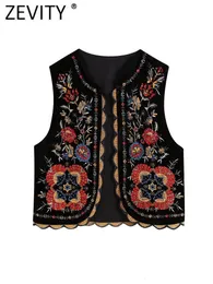 Women's Vests Zevity Women's Vintage Flare Flower Embroidery Tank Top Women's National Style Patch Work Casual Velvet Waist Coat Top CT2978 230329