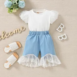 16102 New Summer Kids Girls Clothing Sets Lace Sleeve Tops Tshirt com shorts de renda de jeans 2pcs