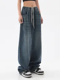 Kadınlar kot Amerikan Kadınlar Vintage Bagaj Kot Elastik Bel Büyük Boy Pantolon Kot Geniş Bacaklar Sokak Giyim Düz Basit Günlük 230329