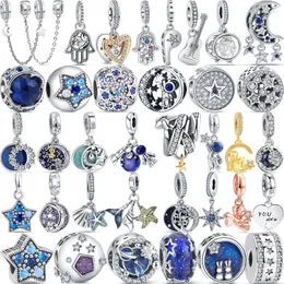 أحجار كريمة فضفاضة 925 Silver Shine Stars Series Blue Night Sky Moon Safety Chain DIY Beads تناسب سوار السحر الأصلي مجوهرات المجوهرات