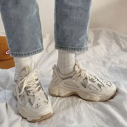 Klädskor sneakers wanita chunky jaring modis sepatu kasual musim gugur reflektif nyaman sol tebal plattform platt ayah putih 230329